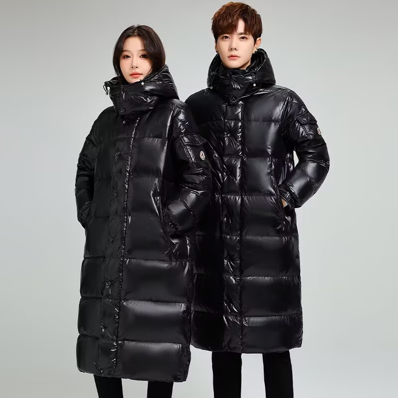 High-End Glossy down Jacket for Women, Long Over-The-Knee Style for Men and Women, White Duck Down, No-Wash Winter Coat, Thickeneded down Coat