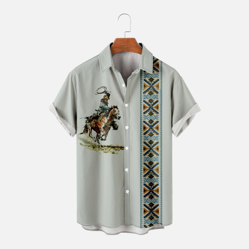 Amazon New Cross-border Foreign Trade Wrangler Striped Elements Printed Trendy Loose Short-sleeved Shirt Men's Top