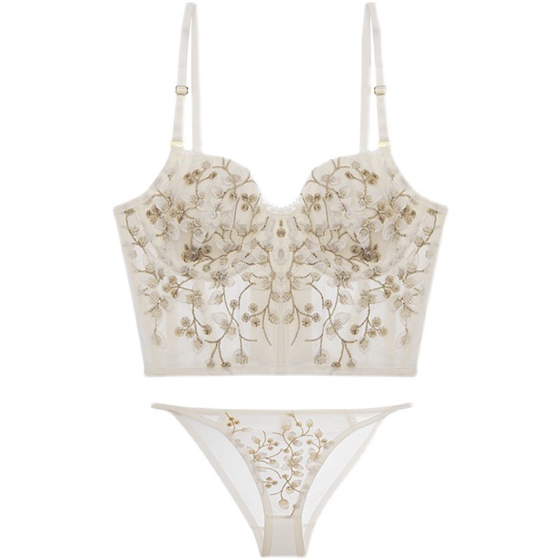 Comercio exterior estilo francés corte floral ropa interior inalámbrica delgada de encaje sexy bordado ocho pecho sujetador traje