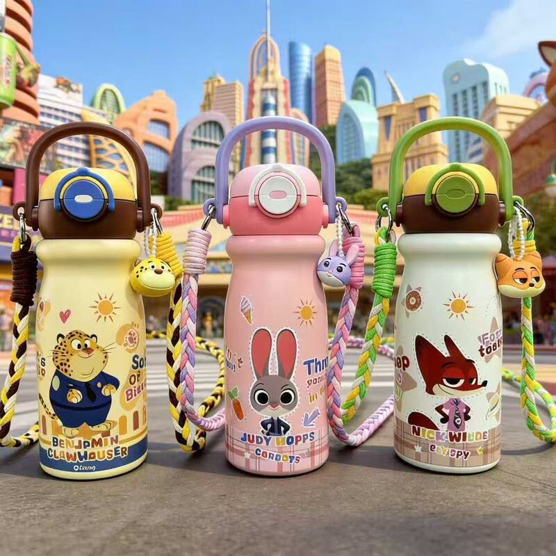 Zootopia Children's Insulated Water Bottle for Girls, Featuring Nick and Judy, Large Capacity Cartoon Cup with Handle for Students