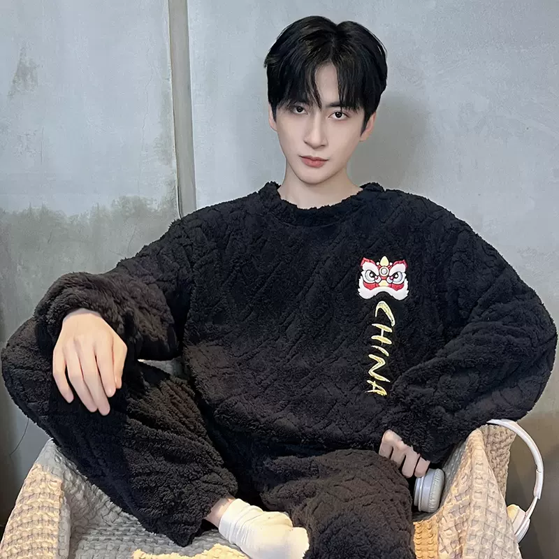 【大桔严选】2025冬季新款提花绒套头休闲单男家居服加绒加厚男士