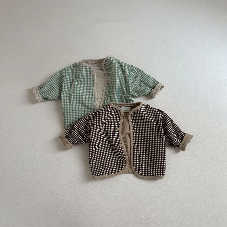 Niños de otoño dos lados vestir chaqueta ropa de bebé 2025 primavera y otoño nuevo producto de ropa infantil coreana chaqueta a cuadros para niños