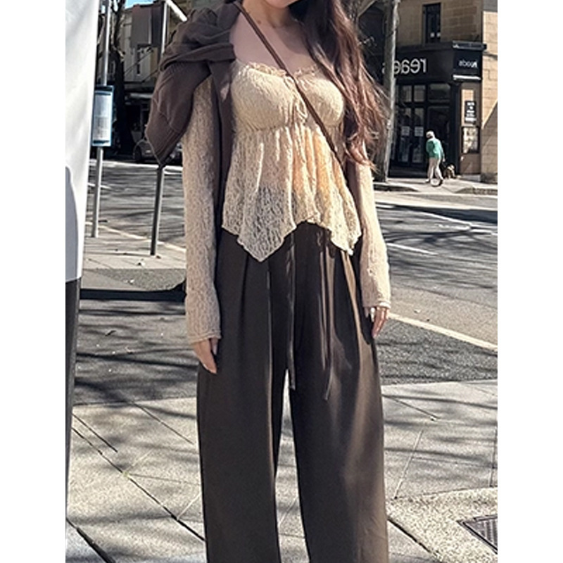槿一 法式弹力蕾丝 jue美内搭微透感女秋季低领长袖打底上衣小众|undefined