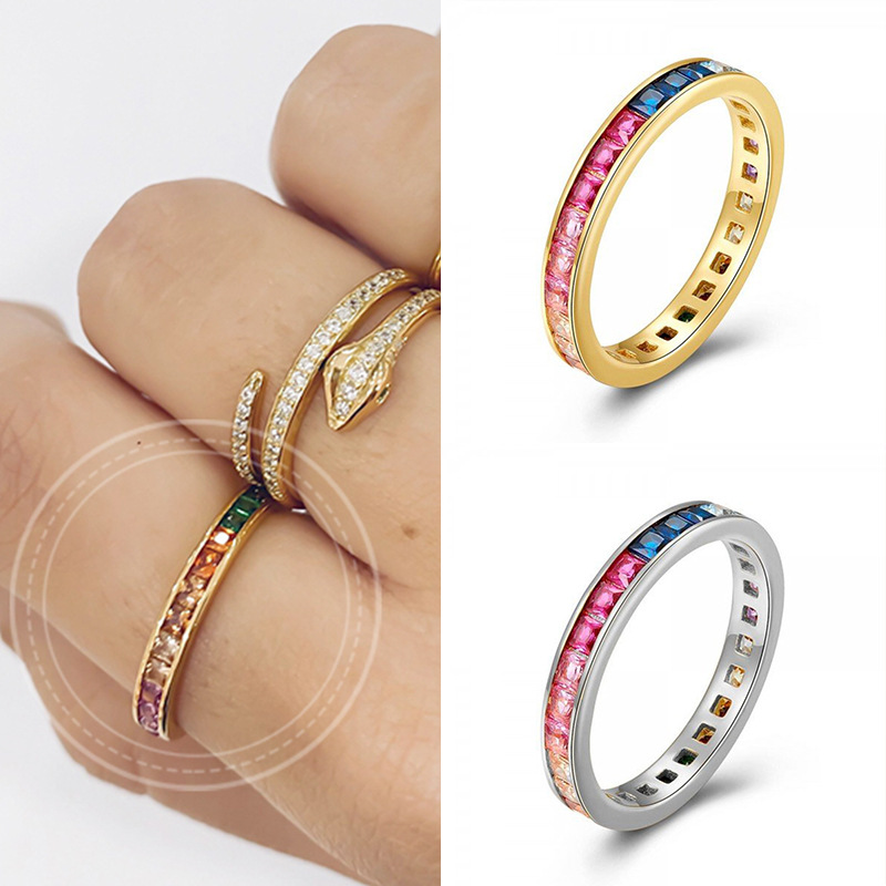 french dating square rainbow zircon simple fashion all-match ring