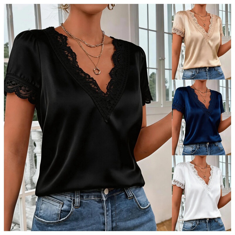 2026 Amazon Independent Site Satin V-Neck Lace Trim Short-Sleeve Top with a Gentle and Elegant Style, Loose Fit and Slimming Effect