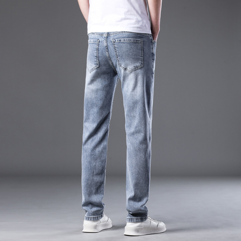 2025 Spring New light blue Jeans Men's Slim-fit Straight Stretch All-match High-end Business Casual Trousers