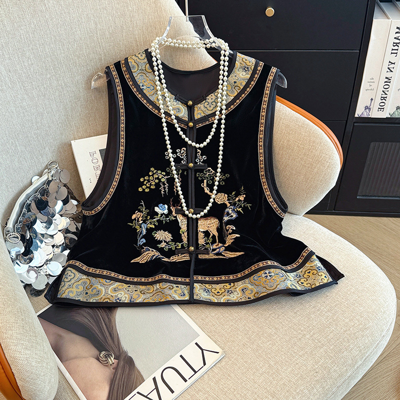 Quality Guaranteed Age-Reducing Middle-Aged Mom Autumn and Winter New Chinese Style Embroidery National Style Old Money Style Gold Velvet Vest