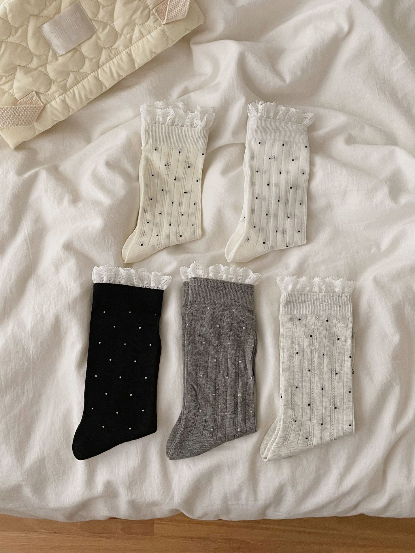 Vintage Coquette Ribbed Cotton Polka Dot Lace Trim Crew Socks For Sweet Outfits Detail View 1