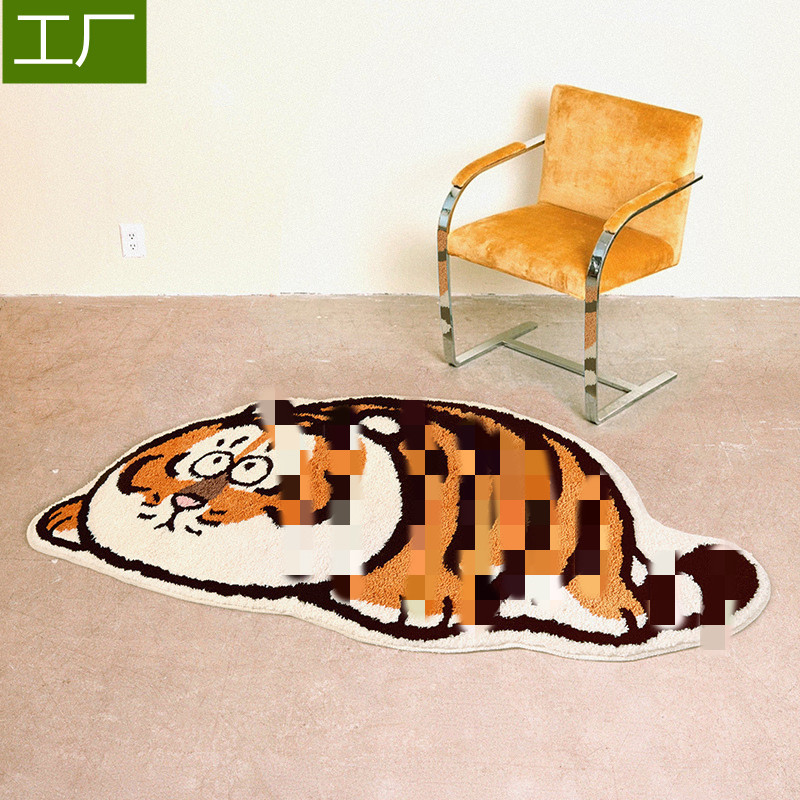 臥室床頭水晶絨腳墊 客廳飄窗卡通胖老虎防滑腳虎頭仿羊絨地毯