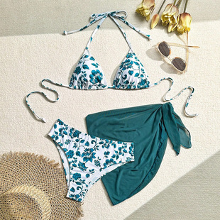 2024 New European and American Print Lace-up Neck Beach Swimsuit Three-piece Set Women's Amazon Fashion Bikini Swimsuit