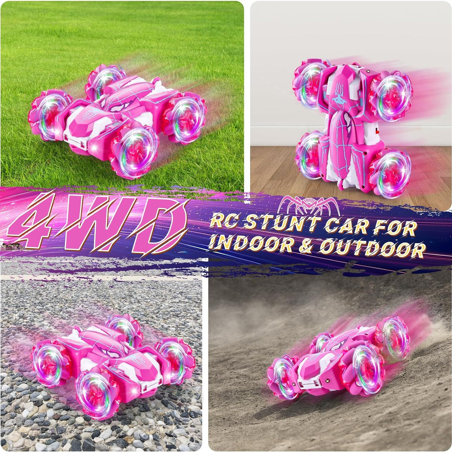 Coche de acrobacias teledirigido rosa transfronterizo Amazon, modo dual, rotación de 360 grados, tracción en las cuatro ruedas, coche teledirigido de doble cara, juguete para niños