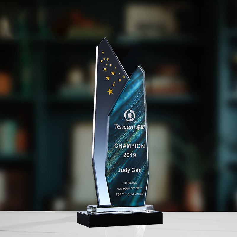 Trofeo de cristal de grabación reunión anual de competición de premios medallas de metal de madera sólida colorido trofeo de cristal impreso