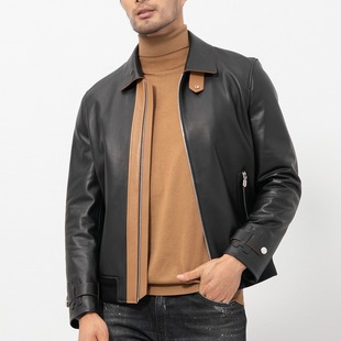 2025 New Autumn Genuine Leather Jacket Men's Lapel Short Loose Contrast Color Trendy Sheepskin Jacket