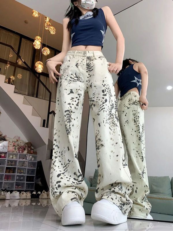 ヨーロッパとアメリカンスタイルの女性用ワイドレッグパンツ、ニッチなデザイン、白のヒョウ柄ジーンズ、ルーズ、ハイウエスト、カジュアル、多用途、ストレートレッグ、フロアレングス|undefined