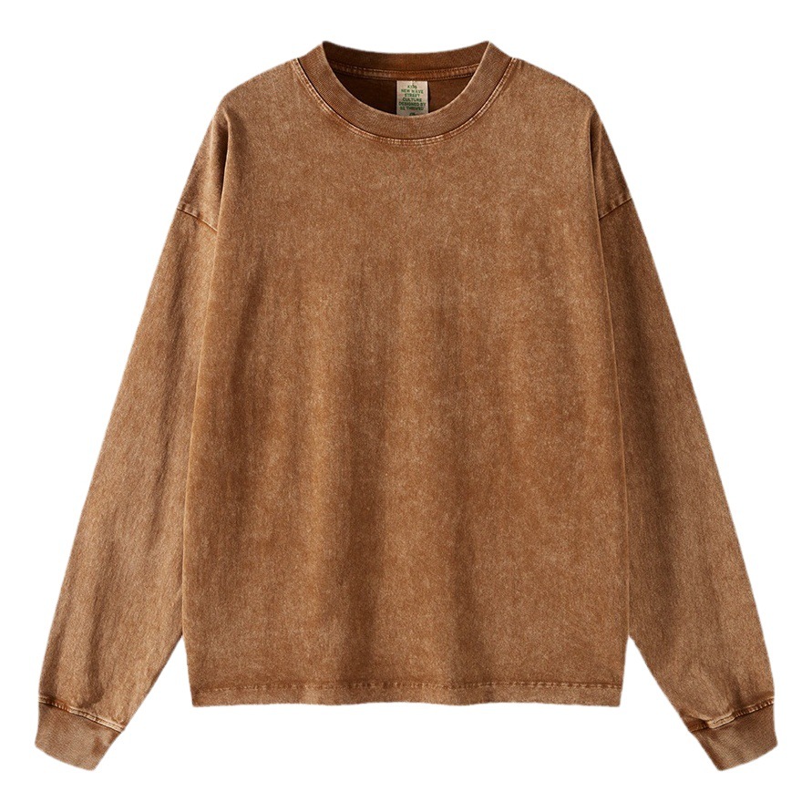 WD marca de moda ropa para niños | Algodón puro pesado americano Retro lavado angustiado Camiseta de manga larga para niños de primavera y otoño color sólido hombres y mujeres tesoro