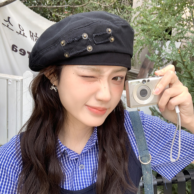复古做旧水洗牛仔贝雷帽子女2025年春新款百搭大头围显脸小画家帽|undefined