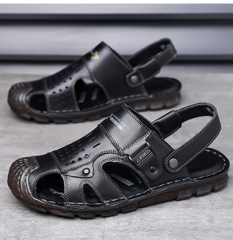 Dép sandal bít mũi nam da bò lớp đầu, đế mềm thân mềm, kiểu xỏ chân hai cách đi — G6951 màu nâu vàng, G6951 màu đen chi tiết 18