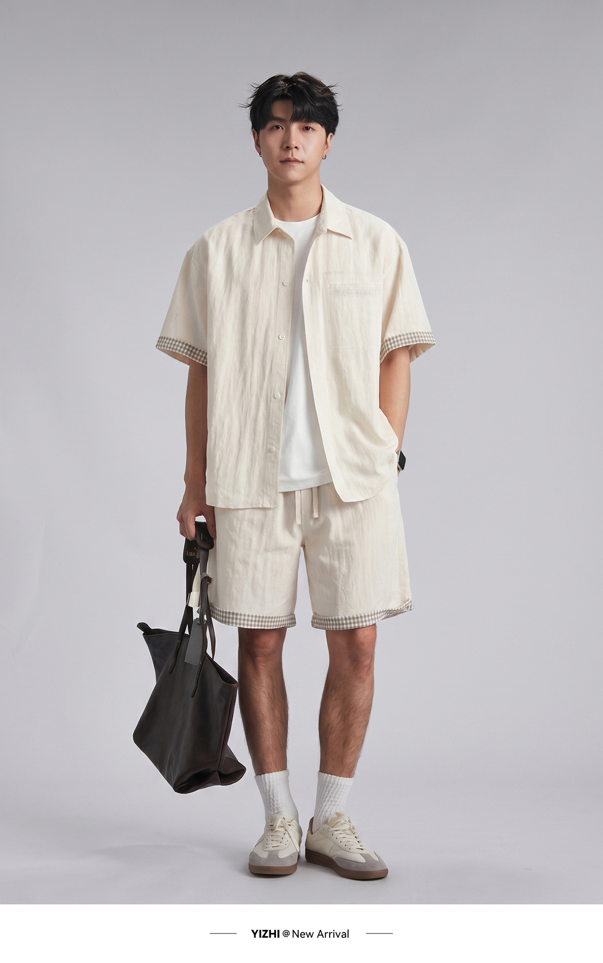 Bộ đồ thể thao nam áo sơ mi ngắn tay kèm quần short chất liệu Tencel mát lạnh — đen chi tiết 8