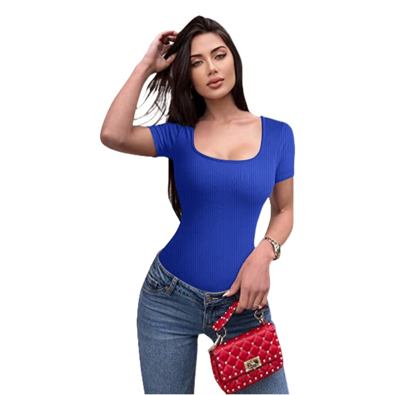 Transfronterizo europeo y americano Amazon AliExpress verano nuevo comercio exterior ropa de mujer cuello cuadrado color sólido manga corta mono apretado