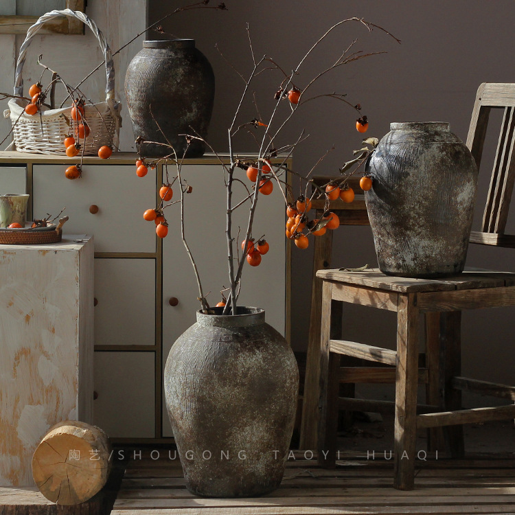 Handmade Coarse Pottery Vase Jingdezhen Old Imitation Clay Pottery Retro Style Tea Room Zen Floor-Standing Old Pottery Pot