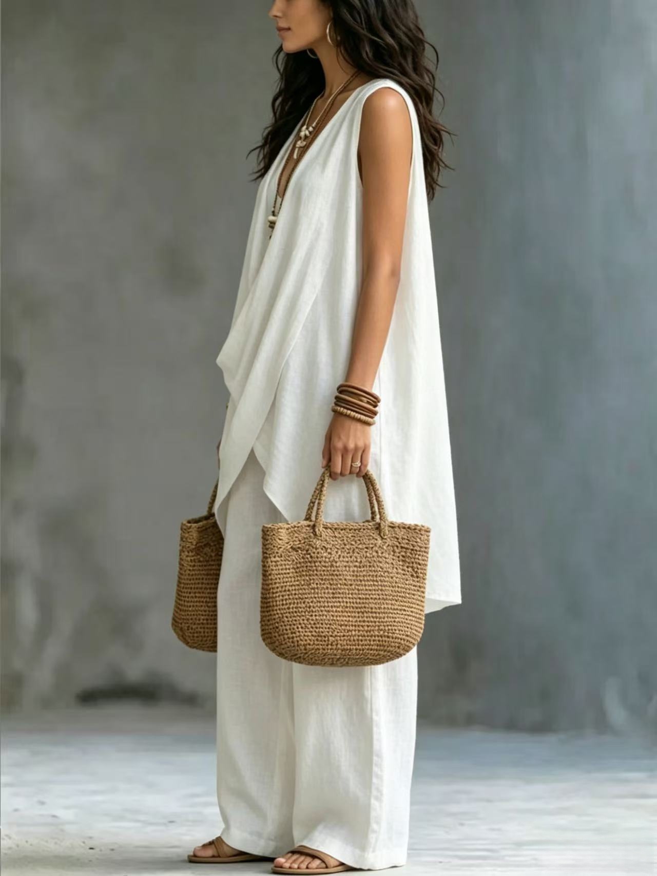 Women's Sleeveless Stand Collar Solid Color Cotton Linen Suit Elegant Loose Resort Style Spring Summer_ecoleips.com