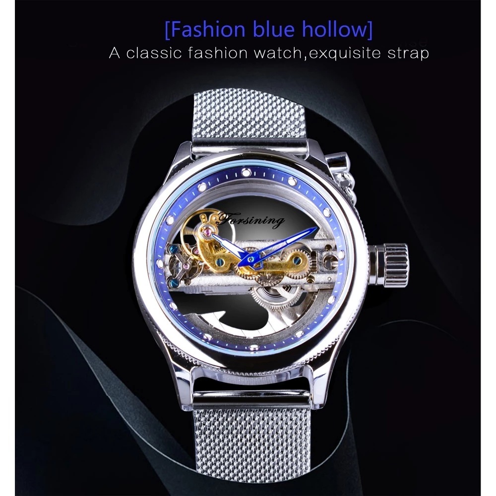 Forsining Men's Transparent One Machine Mechanical Watch Automatic Mesh Belt Hollow Stainless Steel Waterproof Watch_voghion.com