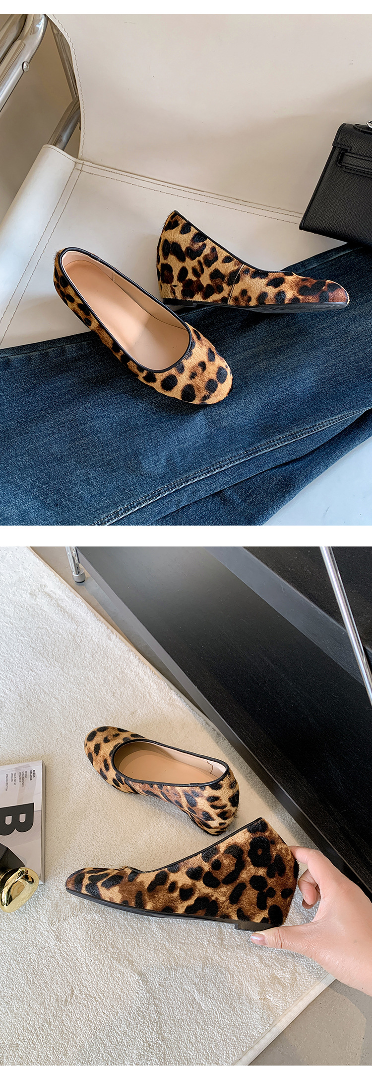 Giày cao gót nữ đế xuồng platform da bò họa tiết da báo, mũi tròn, dáng slip-on, gót ước lượng 6-8 cm — màu đen chi tiết 11