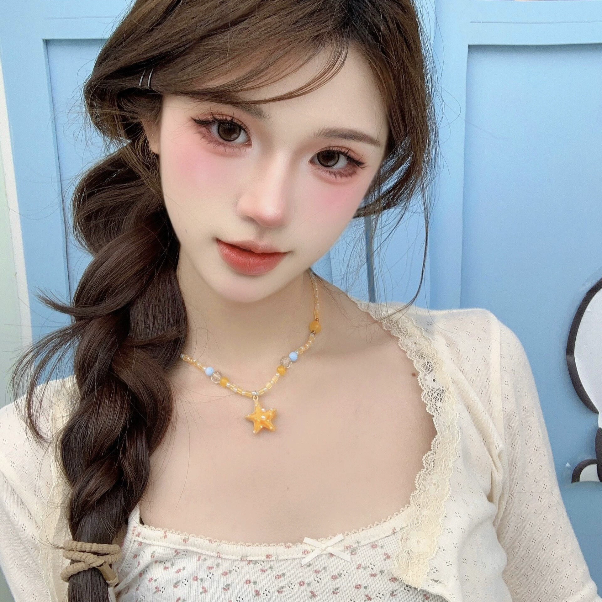 Летнее свежее ожерелье в стиле отдыха на море, оранжевое ожерелье с морской звездой и бисером, новый стиль, милое нишевое свежее ожерелье