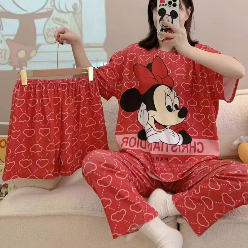 Pijamas de verano transfronterizos pijamas de leche de seda de tres piezas set de dibujos animados comercio exterior ropa para el hogar pantalones de mangas cortas lindos