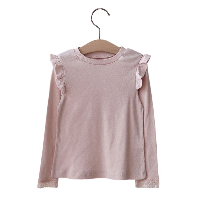 Camiseta de Manga Larga para Niñas, Estilo Coreano, Corte Ajustado, Color Sólido, con Bordes con Volantes, en 4 Colores, Primavera 2026