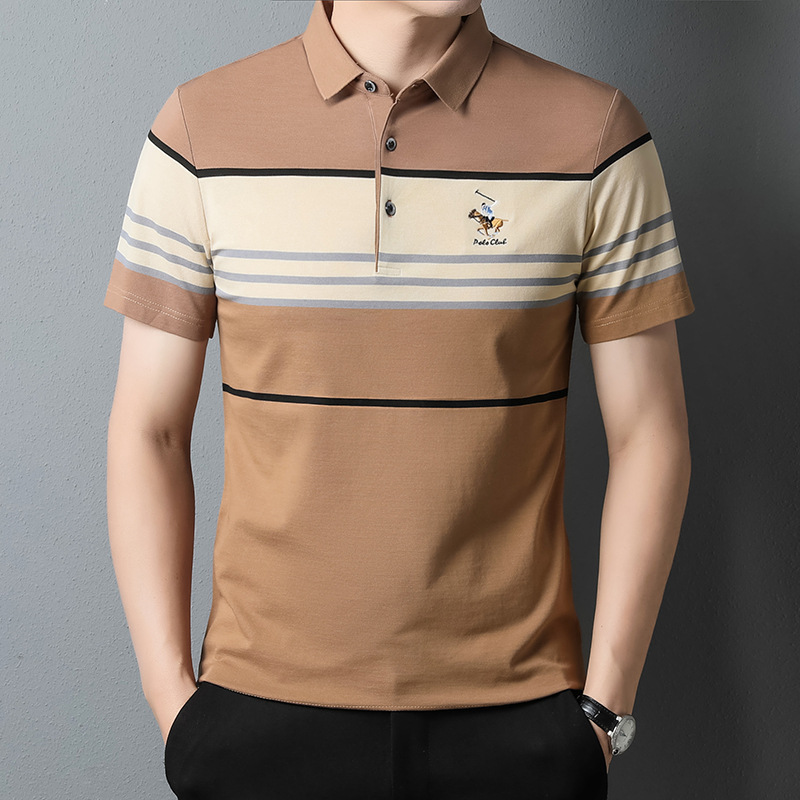 Pearl Cotton Shirt Short Sleeved T-Shirt With Lapel Collar, Casual Stripes, Youth Fashion Polo Shirt, Men's T-Shirt_voghion.com