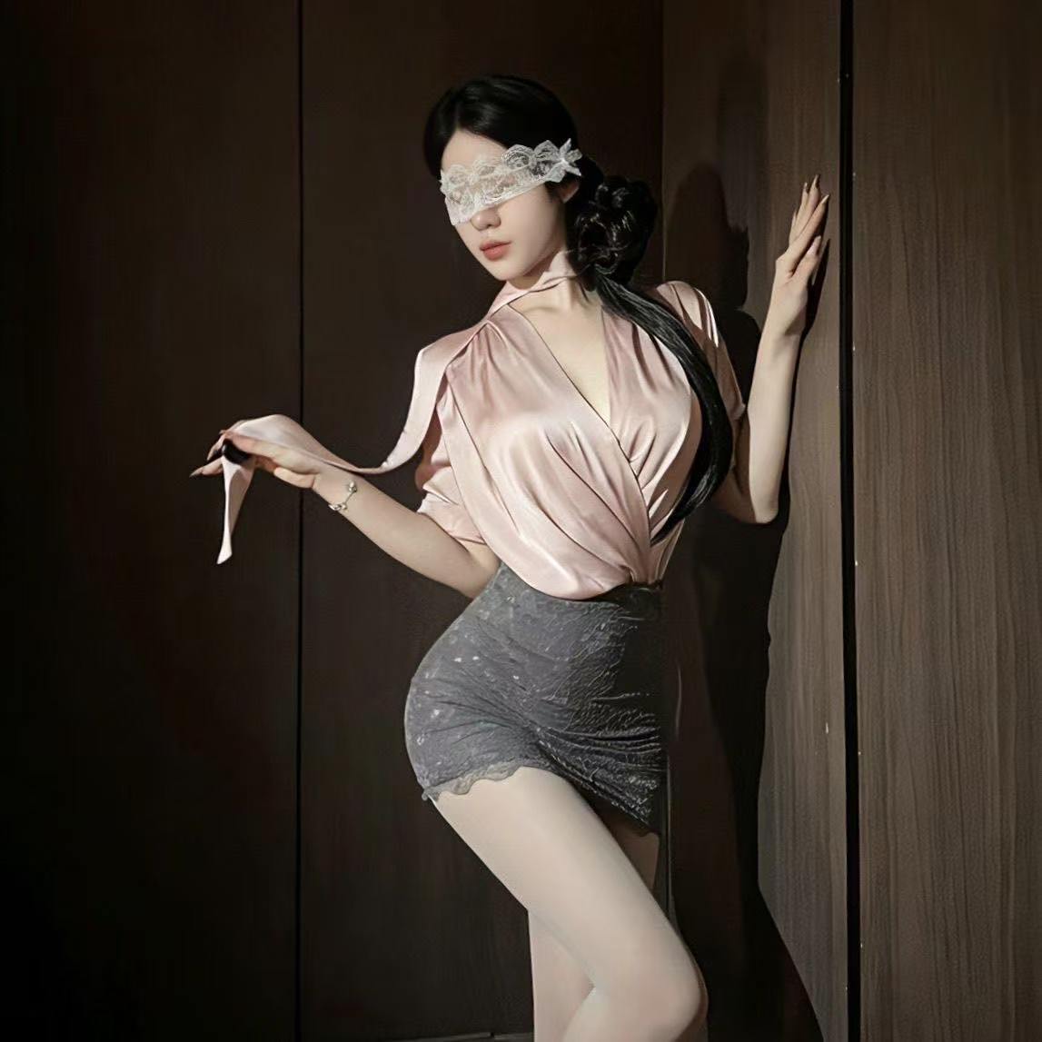 Secretary Uniform Cosplay Set for Women with Shirt, Bodycon Skirt, Blindfold and Tights — detail image 4