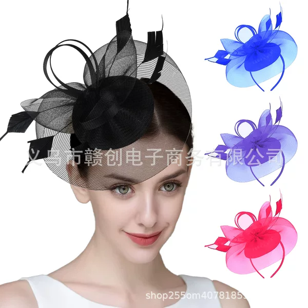 Cross-Border European and American Wedding Bridal Veil Hair Accessories Bowknot Photo Shoot Headpiece Feather Hat Mesh Headpiece