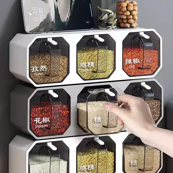 Wholesale Wall-Mounted Spice Box Kitchen Spice Box Integrated Multi-Compartment Spice Storage Rack Msg Salt Seasoning Sealed Jar
