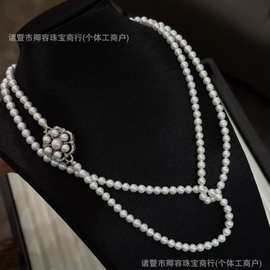 5-6mm近正圆细微瑕淡水珍珠一款多戴毛衣链珍珠+合金玫瑰花窗胸针