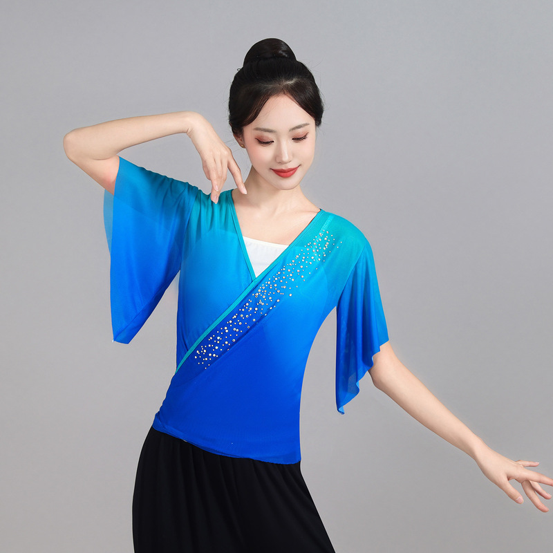 新しい古典舞踊グラデーション弾性メッシュ半袖トップ練習服ボディショートレースアップダンス服女性用|undefined