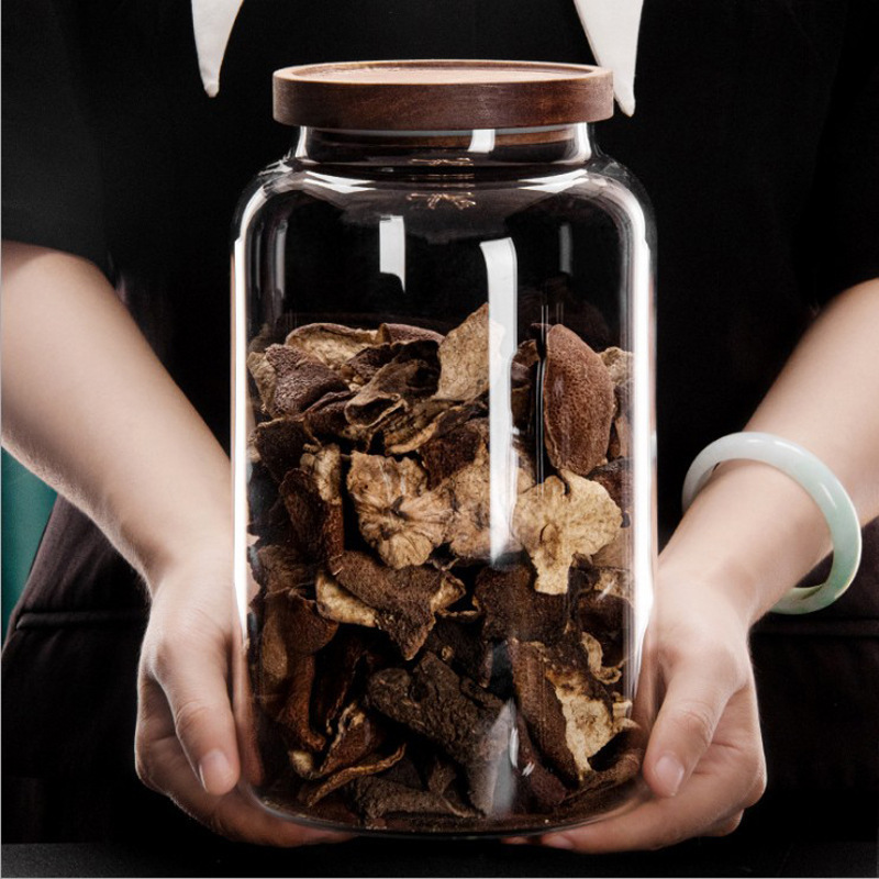 Fábrica al por mayor Acacia TAPA DE MADERA tarro de vidrio borosilicato vidrio sellado tarro de cocina granos de almacenamiento tarro de mandarina
