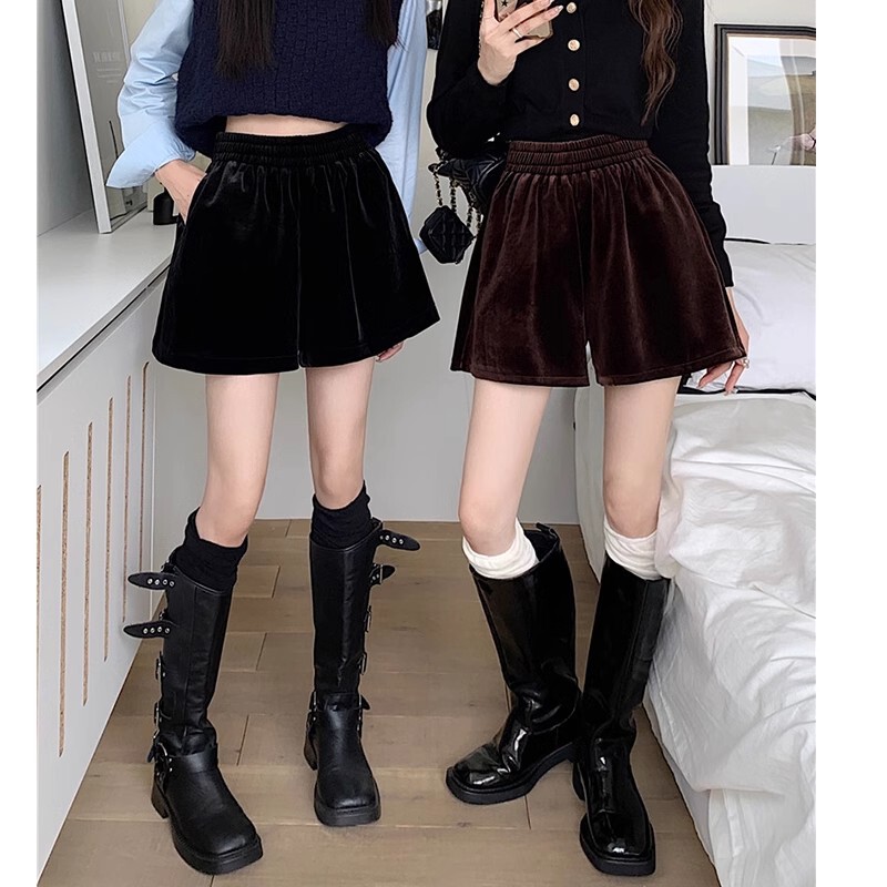 2024 New Explosions Gold Velvet Wide Leg Shorts Women's Spring and Autumn Explosions Western Style High Waist Velvet Autumn and Winter Outer Wear Boots Pants