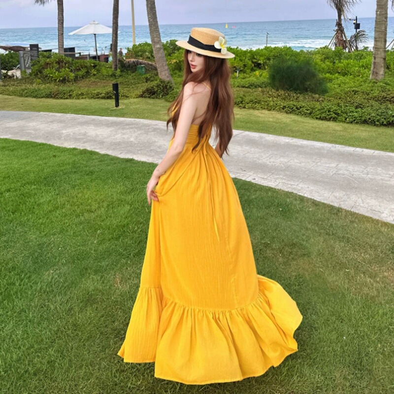 Chiang Mai Vacation Yellow Seaside Mango Backless Spaghetti Strap Dress Summer Long Dress Dopamine French Beach Dress Chiang Mai Vacation Yellow Seaside Mango Backless Spaghetti Strap Dress Summer Long Dress Dopamine French Beach Dress