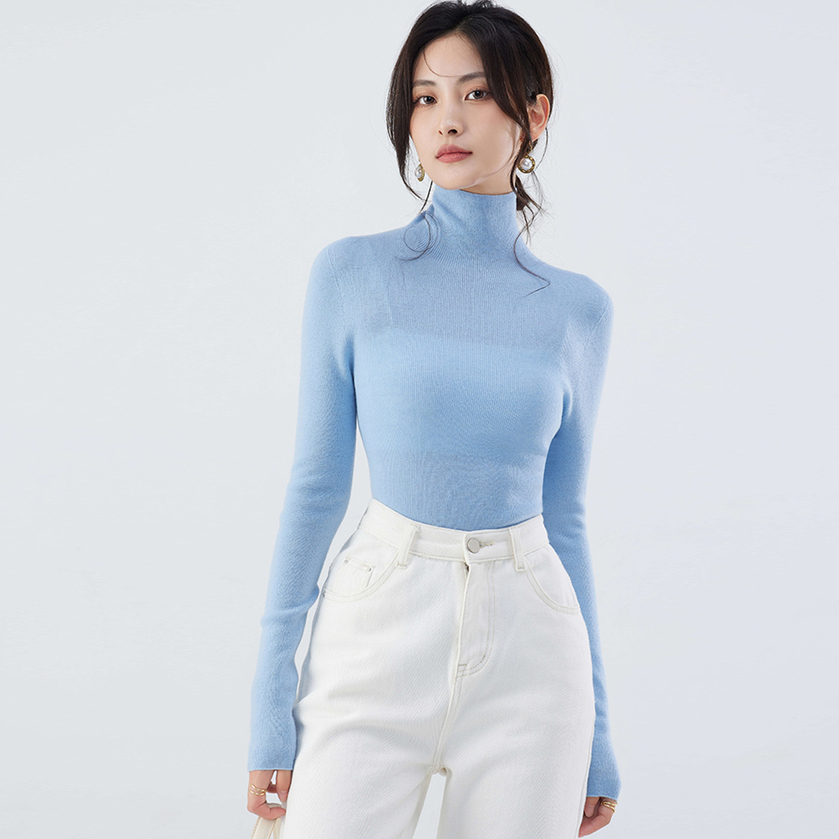 洗濯機で洗えるシームレス18針精編ニットベースレイヤー100%ピュアファインウールセーター女性用秋冬ハイネックセーター