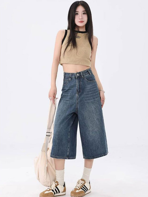 女性用ワイドレッグクロップドジーンズ夏薄い2025新しいハイウエストリラックスレイジースタイル小柄なストレートパンツ|undefined