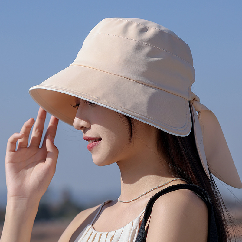 後開叉系帶蝴蝶結盆帽女春夏季新款防曬防紫外線遮陽漁夫帽子百搭