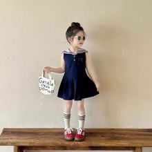 韩版童装女童学院风连衣裙夏装2025新款小女孩时髦网红蓝色背心裙