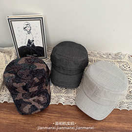 韩国细条纹腰果花复古平顶马术帽子女2026新款春夏骑士帽鸭舌帽潮