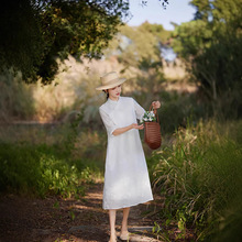 苎麻连衣裙女2025新款五分袖立领盘扣刺绣绣花改良旗袍裙中长裙女