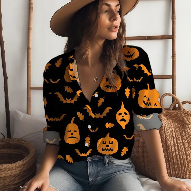 26 Women's Autumn Cross-Border Creative Pumpkin Shirt New Fashionable 3D Digital Print Long-Sleeve Button Shirt