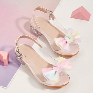 New Girls High Heels Children Transparent Thick Heel Bow Fairy Style Sandals Fashion Single-layer Shoes