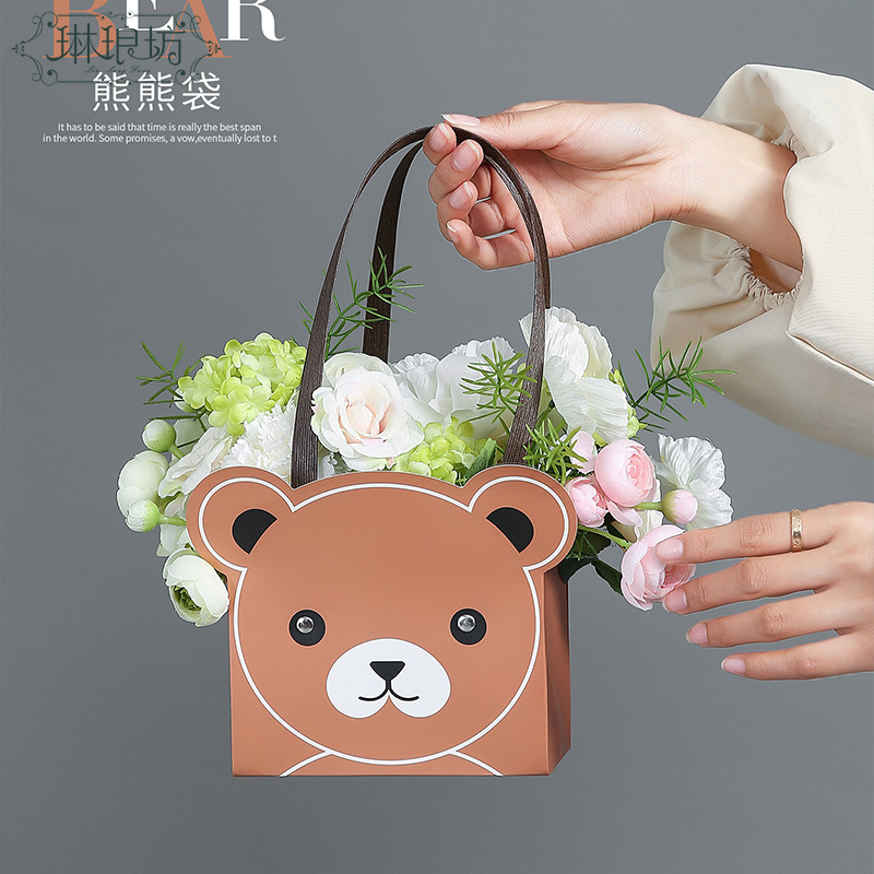 Oso caja portátil flor regalo embalaje caja de flores diseño floral bolso de mano dibujos animados oso abrazo 4