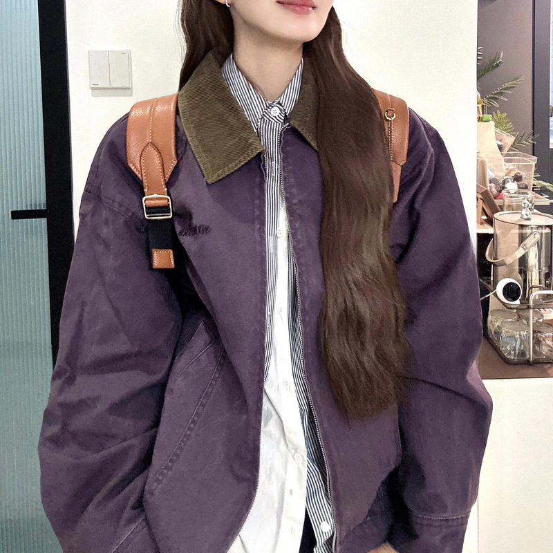 美式紫色工装外套女早秋版2025新款宽松超火百搭情侣款棒球夹克潮|undefined