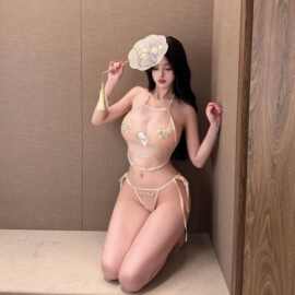 性感睡衣女古代透明肚兜趣味内衣刺绣挂脖网纱绑带小胸情调套装